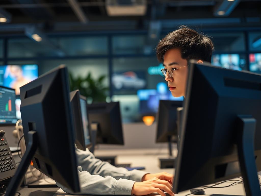 A realistic high-resolution photo of a young Asian professional working on a computer, focused on a gaming project in an office setting. The background should include elements related to online gaming and strategy, with a clean and modern office design. The subject should be the only focus, showcasing determination and engagement in their work, shot with a 45mm f/1.2 lens.