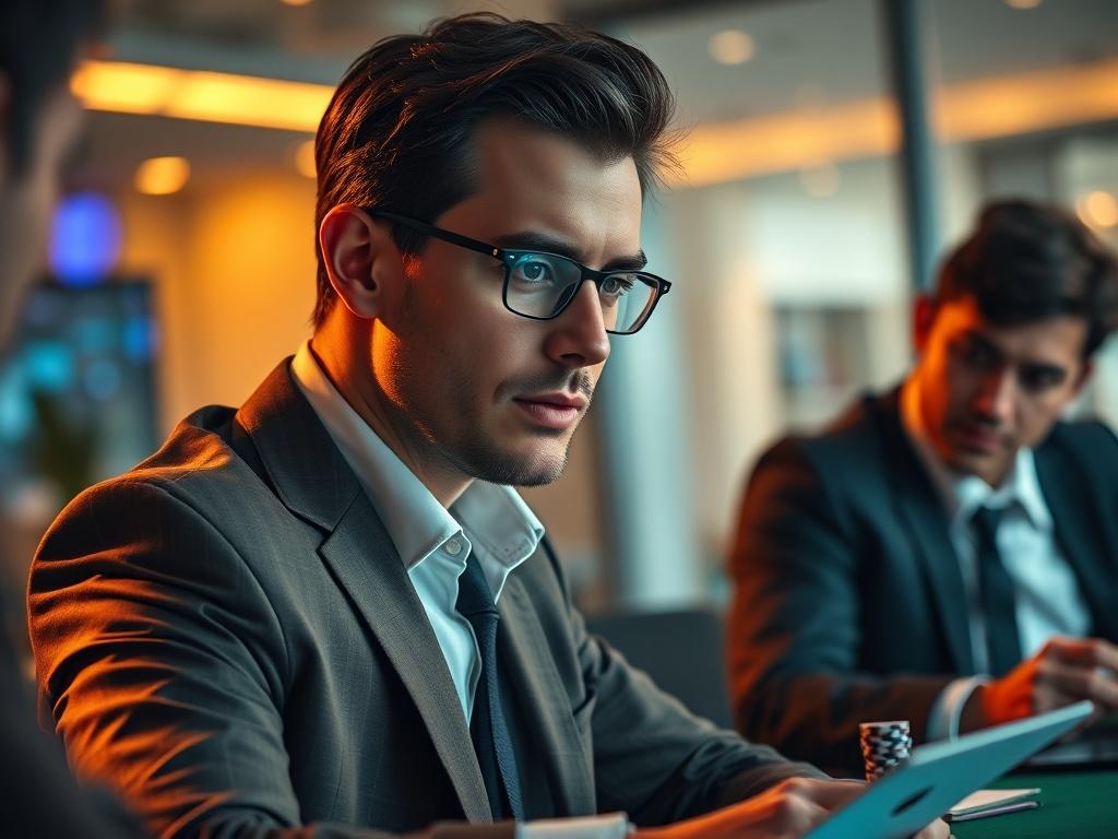 A close-up shot of a confident team leader in a modern office environment, focused on discussing strategies with team members. The leader is in business attire, surrounded by a vibrant atmosphere with poker chips and cards subtly in the background, representing the gaming industry. The lighting is warm and inviting, creating an engaging and dynamic workspace.