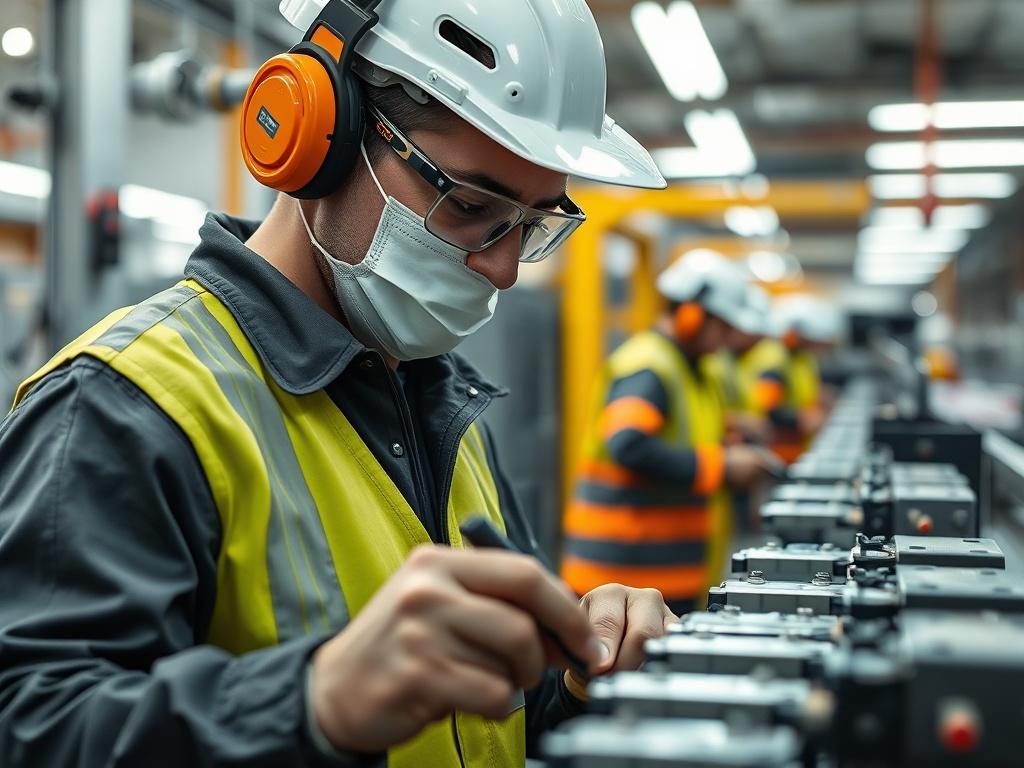 A close-up shot of a quality inspector at work in a factory setting, wearing safety gear, inspecting products on the assembly line. The background shows a clean and organized workspace with machinery and quality control tools. The image should be hyper-realistic, focusing on the inspector's concentration and attention to detail, shot with a 45mm f/1.2 lens.