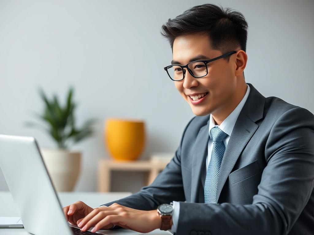 A realistic high-resolution close-up image of a professional Asian male in business attire, engaged in a discussion over a laptop, set in a modern office environment with natural lighting. The individual appears focused and confident, showcasing a positive and proactive attitude. The background is simple and clean, emphasizing the subject without distractions.
