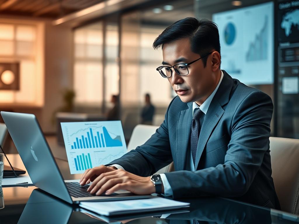 A professional setting showing a focused Chinese male or female business strategist reviewing data on a laptop, surrounded by charts and graphs, in a sleek modern office environment with soft lighting. The composition should emphasize the individual as the sole subject, capturing a moment of deep concentration and strategic thinking.