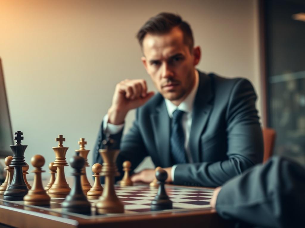 A realistic high-resolution close-up shot of a professional in an office environment, focused on a desk with a chessboard and game pieces, highlighting the strategic elements of board games. The background should be simple and clean, emphasizing the subject's concentration and engagement in resource management for gaming operations. The color scheme should reflect rgb(50, 170, 39) with warm lighting.