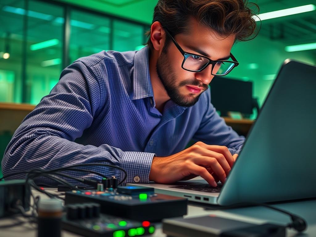 A close-up shot of a professional individual working on electronic devices and resources in a modern office environment. The person is focused on a laptop with electronic components scattered around. The background should be simple and modern, emphasizing technology and innovation, captured in a hyper-realistic style with vibrant green tones.