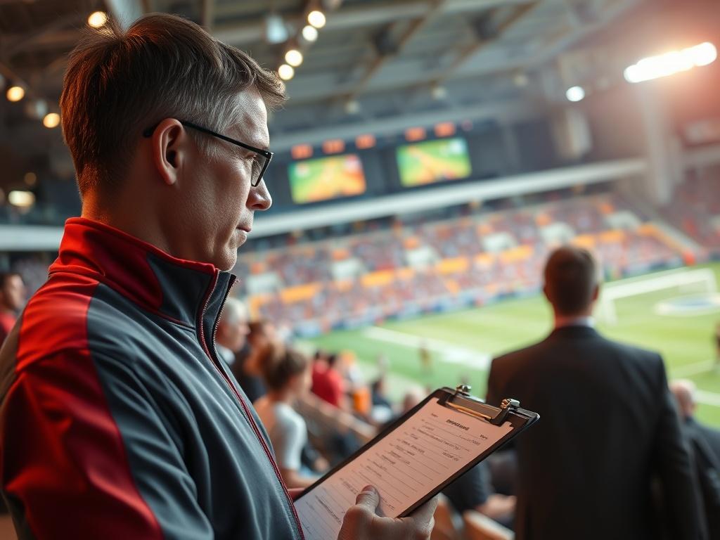 A close-up shot of a sports analyst at a sports event, focused on collecting data and observing athletes. The background should show a vibrant sports stadium with athletes in action, while the analyst is seen taking notes on a clipboard, wearing a team jacket. The image should convey a sense of professionalism and enthusiasm for sports, with rich colors that enhance the excitement of the event.