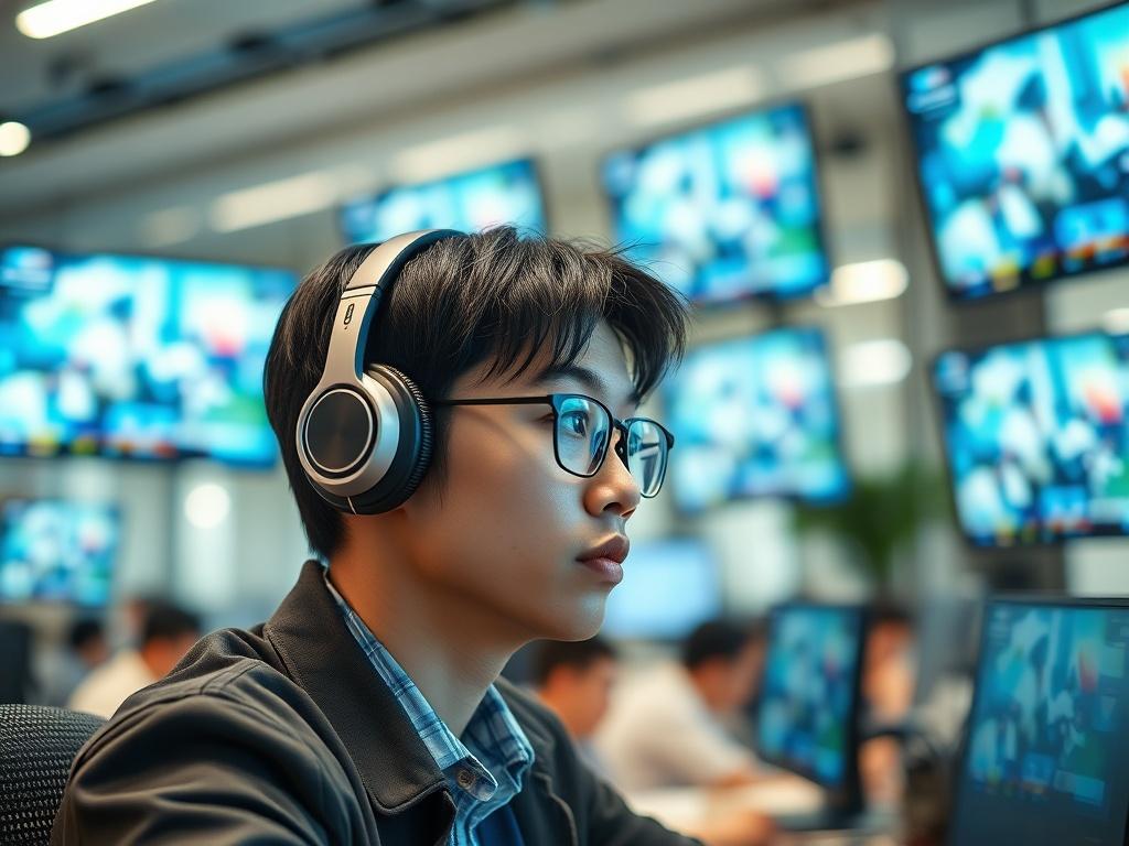 A close-up shot of a focused young Asian professional in a modern office environment, wearing headphones and monitoring multiple screens displaying TV channels. The background is slightly blurred to emphasize the subject. The lighting is bright and engaging, showcasing an atmosphere of productivity and technology.