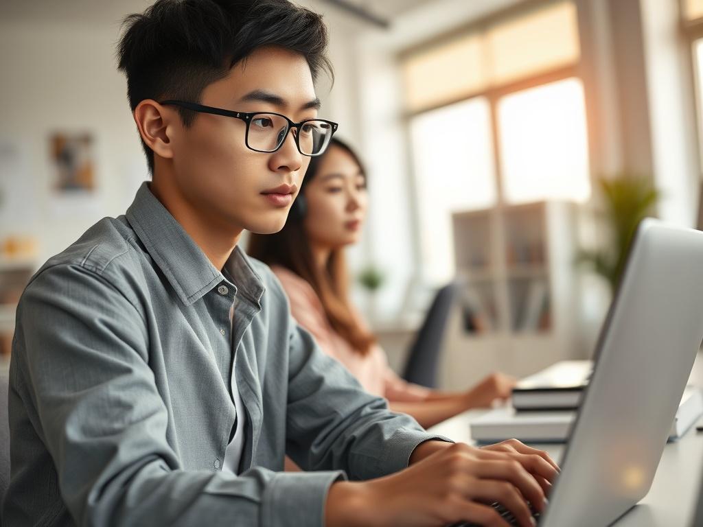 A close-up shot of a young Chinese professional in a modern office environment, looking focused and engaged while analyzing user feedback data on a laptop. The background features a clean, organized workspace with soft natural light coming through a window, emphasizing a productive atmosphere.