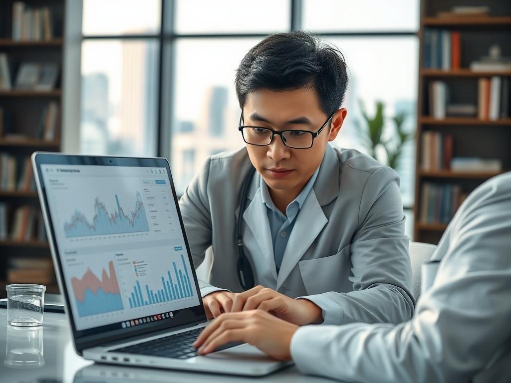 A close-up shot of a professional researcher in an office environment, analyzing data on a laptop. The researcher is a Chinese individual, focusing intently on the screen with graphs and charts visible. The background is a modern office setup with bookshelves and a window showing a cityscape. The image should reflect a clear and professional atmosphere, with a focus on the researcher.