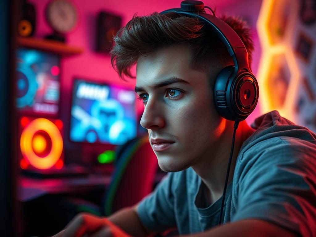 A close-up shot of a gaming enthusiast, engaged in playing a video game, with a focused expression. The background is a soft-focus gaming setup with colorful LED lights and gaming accessories. The environment is a cozy gaming room that reflects a vibrant, energetic atmosphere. The image captures the excitement and passion for gaming, showcasing the individual’s dedication and enthusiasm.