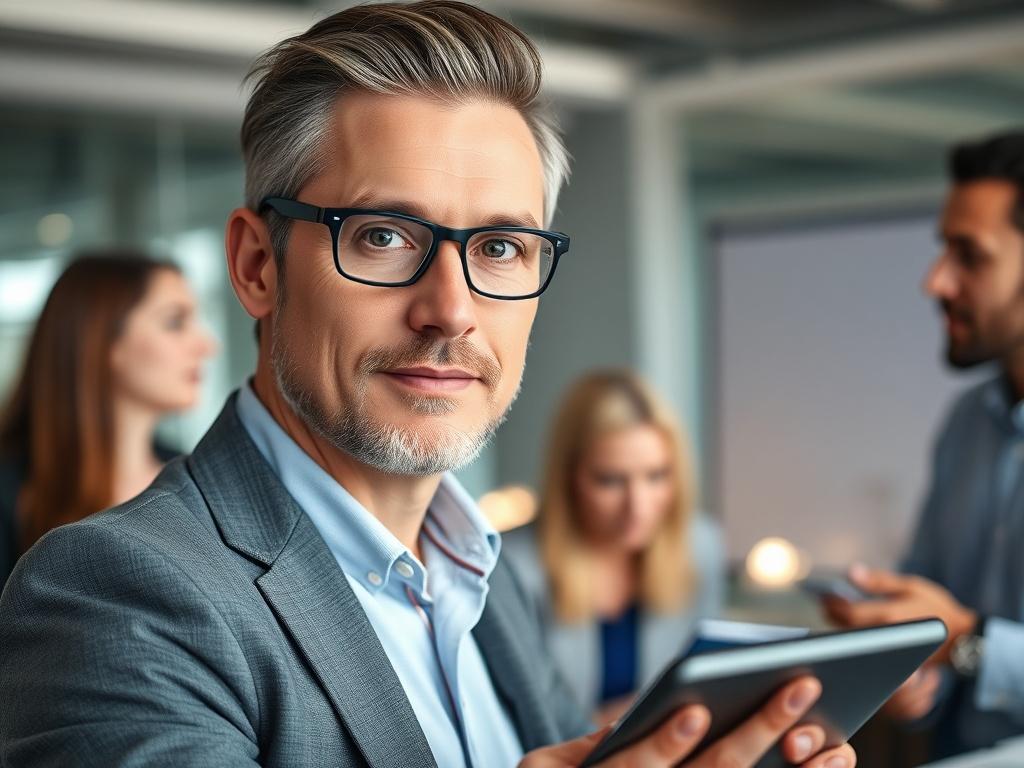 A close-up portrait of a professional team leader in a modern office environment, showcasing confidence and approachability. The person is engaged in a team meeting, with a digital device in hand, surrounded by colleagues discussing strategies. The background is a blend of modern office decor with soft lighting, emphasizing a collaborative atmosphere. The focus should be sharp on the leader's expression, capturing their determination and leadership qualities.