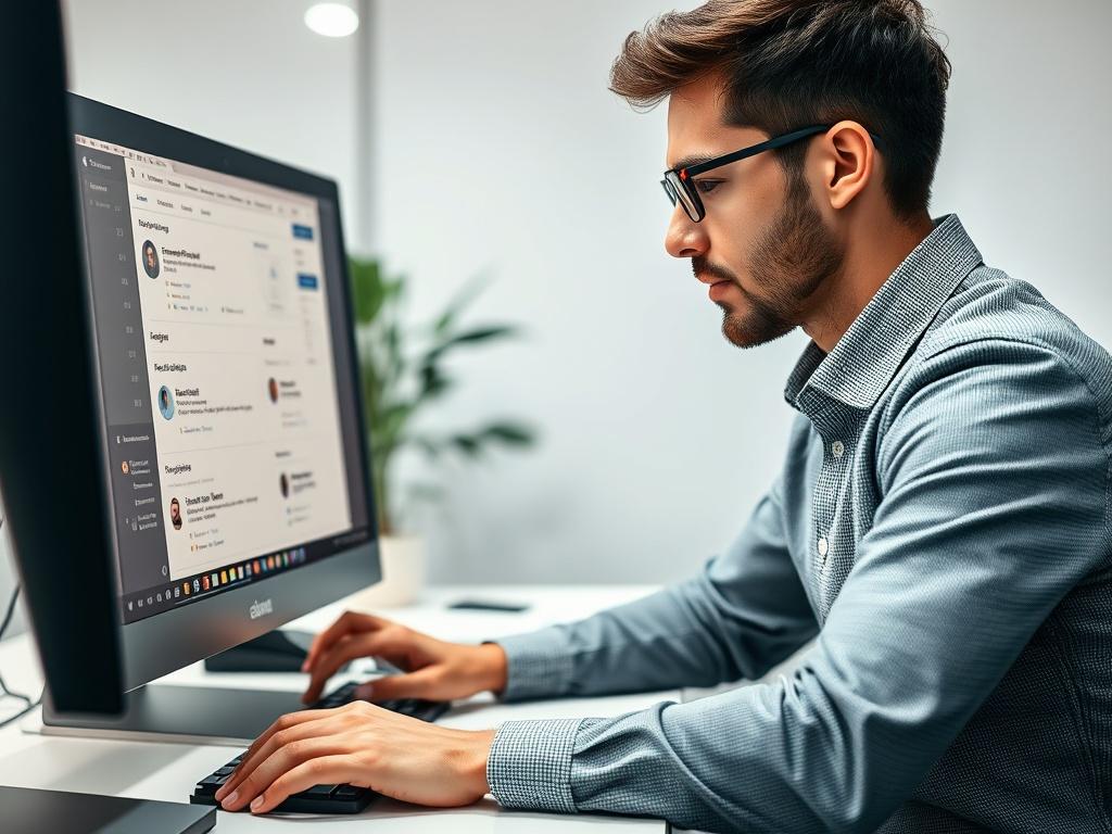A close-up shot of a professional individual (a platform experience specialist) interacting with a computer, analyzing user feedback on a recruitment platform. The person is focused and engaged, sitting in a modern office environment. The background should be simple and clean, emphasizing the individual and their work. The image should reflect professionalism and clarity, capturing the essence of user experience optimization.