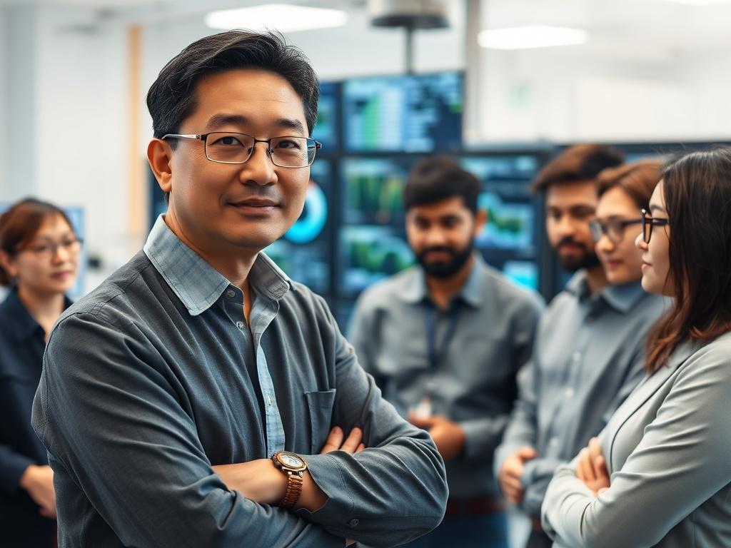 A focused and realistic close-up shot of a confident and experienced team leader in a testing environment. The leader, a middle-aged Asian professional, is standing in front of a group of engaged testers, discussing a project. The background is a modern office space, with testing equipment and screens displaying data. The lighting is bright and the atmosphere is collaborative, emphasizing leadership and teamwork.