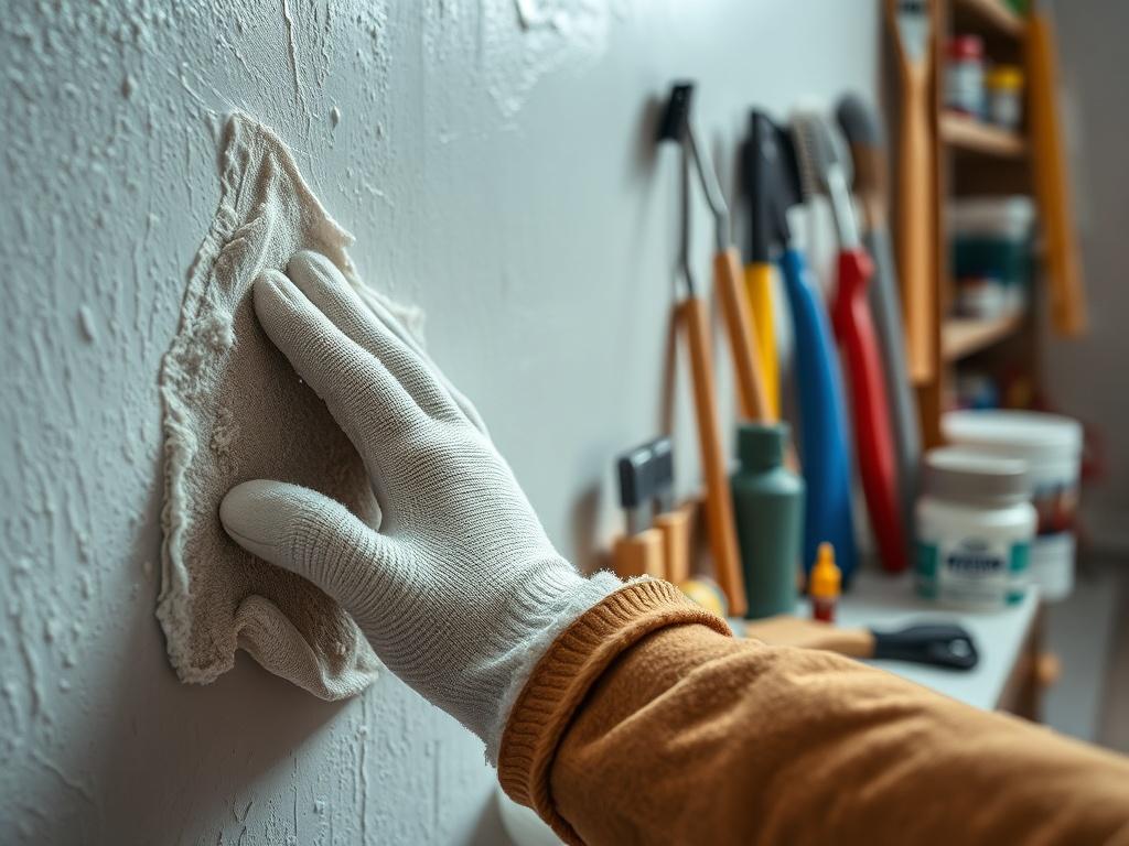 A focused close up of a painter preparing a wall