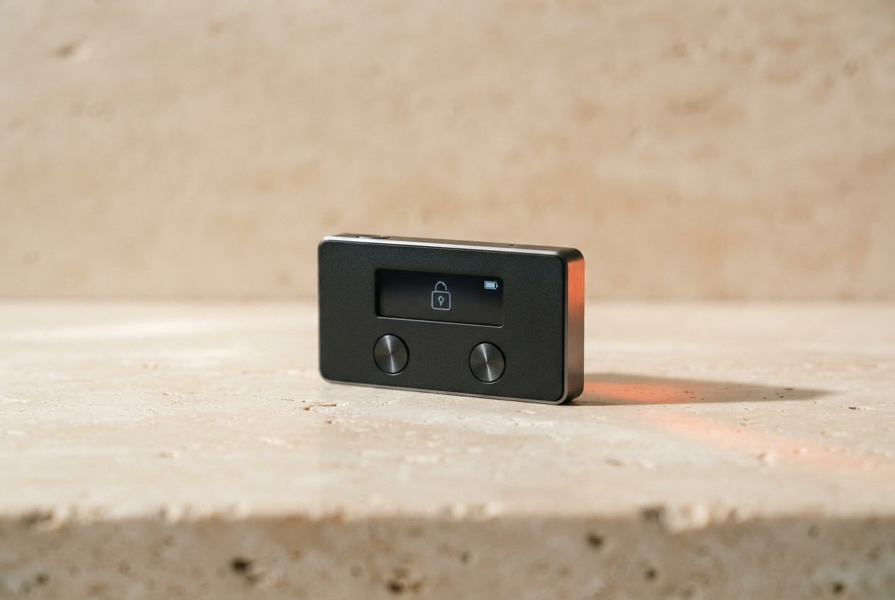 A compact black hardware wallet on a softly lit stone surface