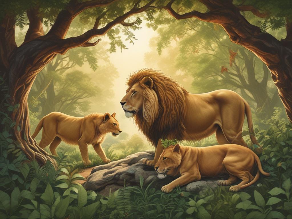 a lion feasting on fresh meat in a lush, green