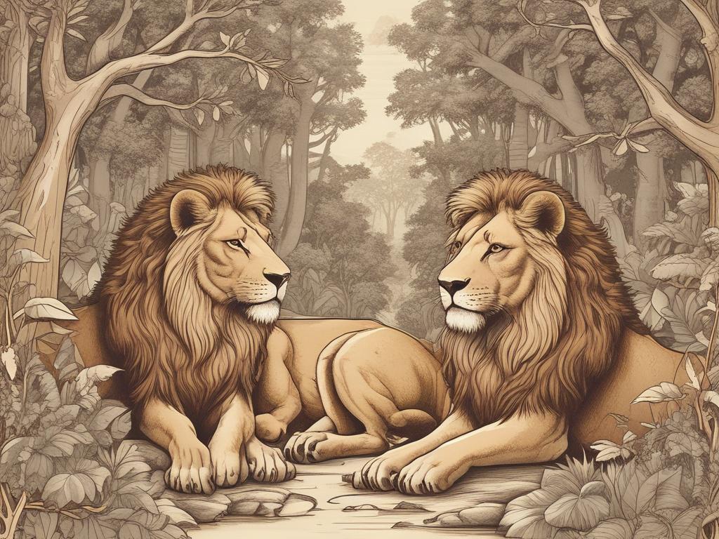 **Prompt for AI Image Generator:**

Create a high-quality illustration titled "The Heart of the Pride." The composition should center around a close-up scene of a majestic lion and a lioness, their eyes locked in a deep gaze, symbolizing the profound bond between Dean Schneider and the lions in his sanctuary. Show the lioness gently nuzzling the lion, demonstrating affection and connection.

In the background, depict the sanctuary’s lush natural environment, filled with rich greenery and warm earthy tones. 