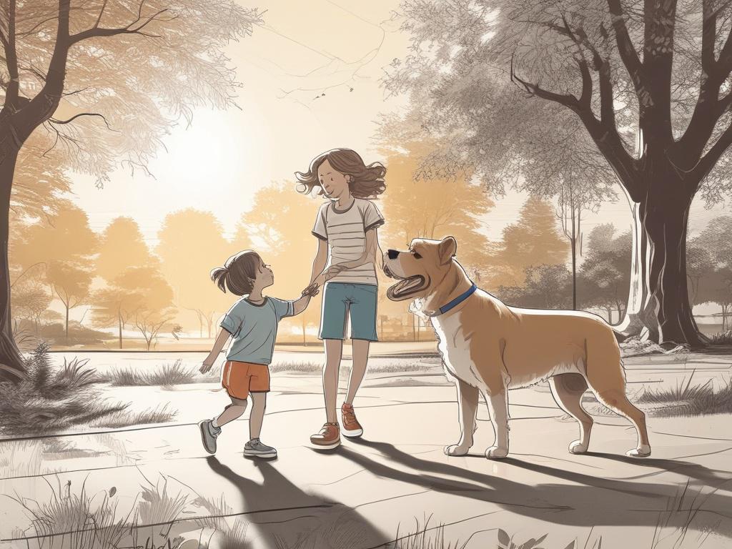 Create a high-quality illustration of a joyful dog and a happy child playing together in a sunlit park. The dog should be a medium-sized, mixed breed with a playful expression, while the child is a young girl with brown hair, wearing a colorful t-shirt and shorts. The background should feature green grass and a few trees, emphasizing a cheerful, inviting atmosphere. The style should be crisp, solid black line drawings with an emphasis on the RGB color of (50, 170, 39) for the grass and trees.