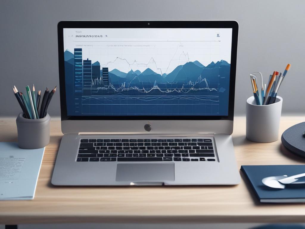 A realistic high-resolution photo showcasing a modern workspace with a sleek laptop displaying data analysis graphs, surrounded by cool-toned elements in shades of rich blues and soft grays. The background should feature a minimalist design, emphasizing the workspace's clarity and sophistication.