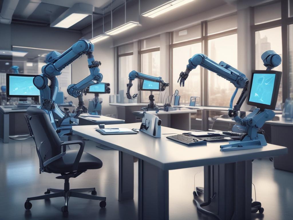 A realistic high-resolution photo depicting a modern office environment where robotic arms are efficiently handling tasks on a sleek desk, with a cool-toned ambiance featuring rich blues and soft grays. The composition should focus on the robotic arms in action, showcasing innovation and efficiency.