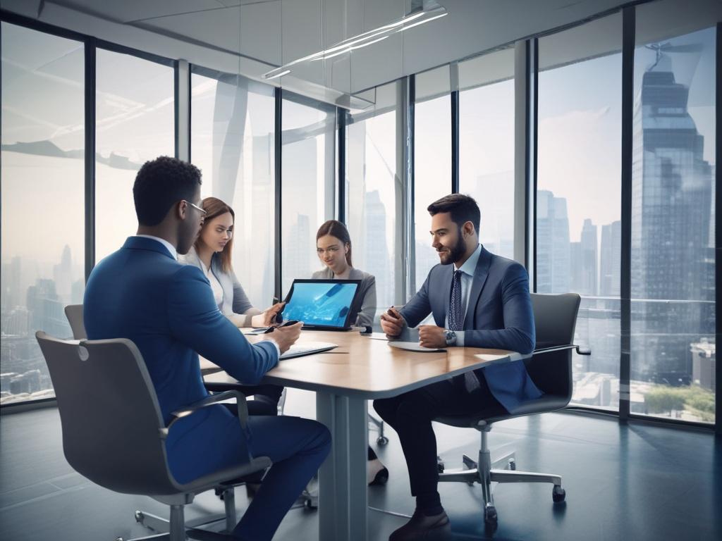 A realistic high-resolution photo featuring a diverse team of professionals collaborating over a digital tablet displaying custom AI solutions, set in a modern meeting room with cool-toned colors of rich blues and soft grays. The focus should be on teamwork and innovation.
