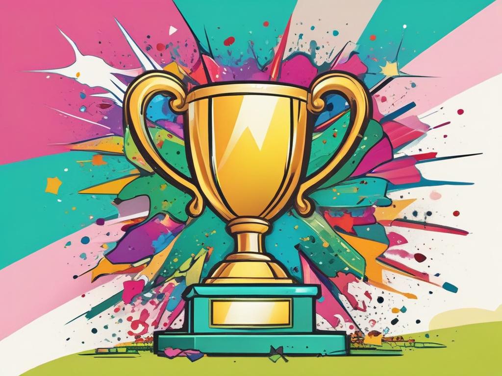 Create a high-quality illustration of a vibrant comic-style trophy representing success and achievement. The trophy should be golden with a shiny finish, set against a bright background featuring stylized confetti in various colors, including shades of green to match the primary color rgb(50, 170, 39). The trophy should stand proudly on a pedestal and be the central focus of the illustration, radiating a sense of accomplishment and joy.