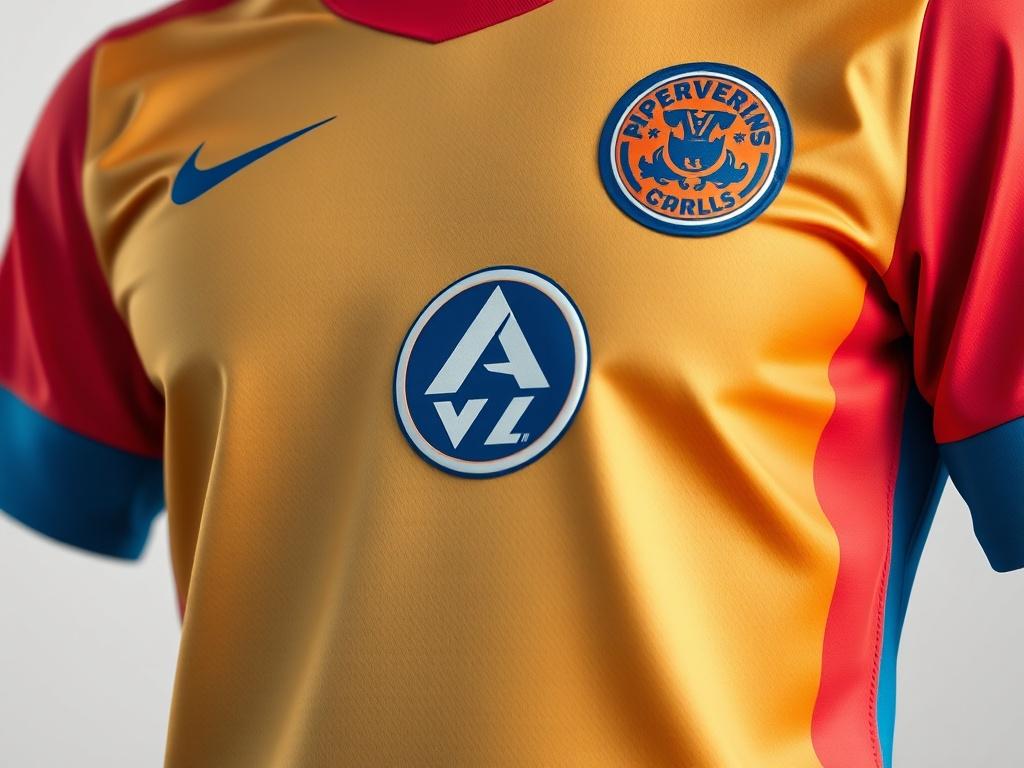 A close-up shot of a vibrant sports jersey featuring a prominent jersey patch showcasing a brand logo. The composition should be simple and clear, with the jersey displayed against a clean background that emphasizes the patch. The colors should harmonize with the primary color rgb(193, 153, 87), creating a visually appealing image that captures the essence of sports branding.