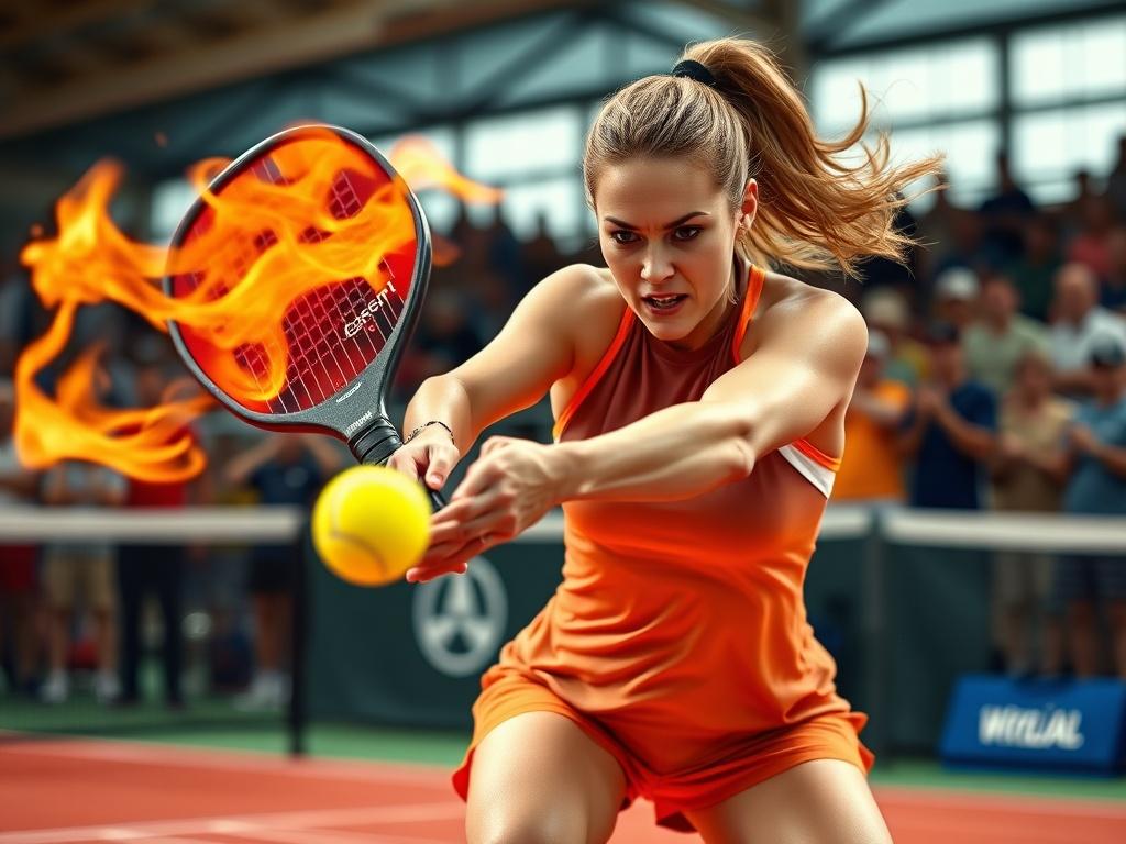 **AI Image Generation Prompt:**

Create a realistic high-resolution photo of a dynamic pickleball scene that embodies the title "Pickleball on Fire." The composition should feature a single, focused subject: a female pickleball player, Anna Leigh Waters, captured mid-action as she executes a powerful serve on a vibrant pickleball court. 

The player should have a look of fierce determination, showcasing her athleticism and skill, wearing a stylish, professional pickleball outfit. The image should highlight 