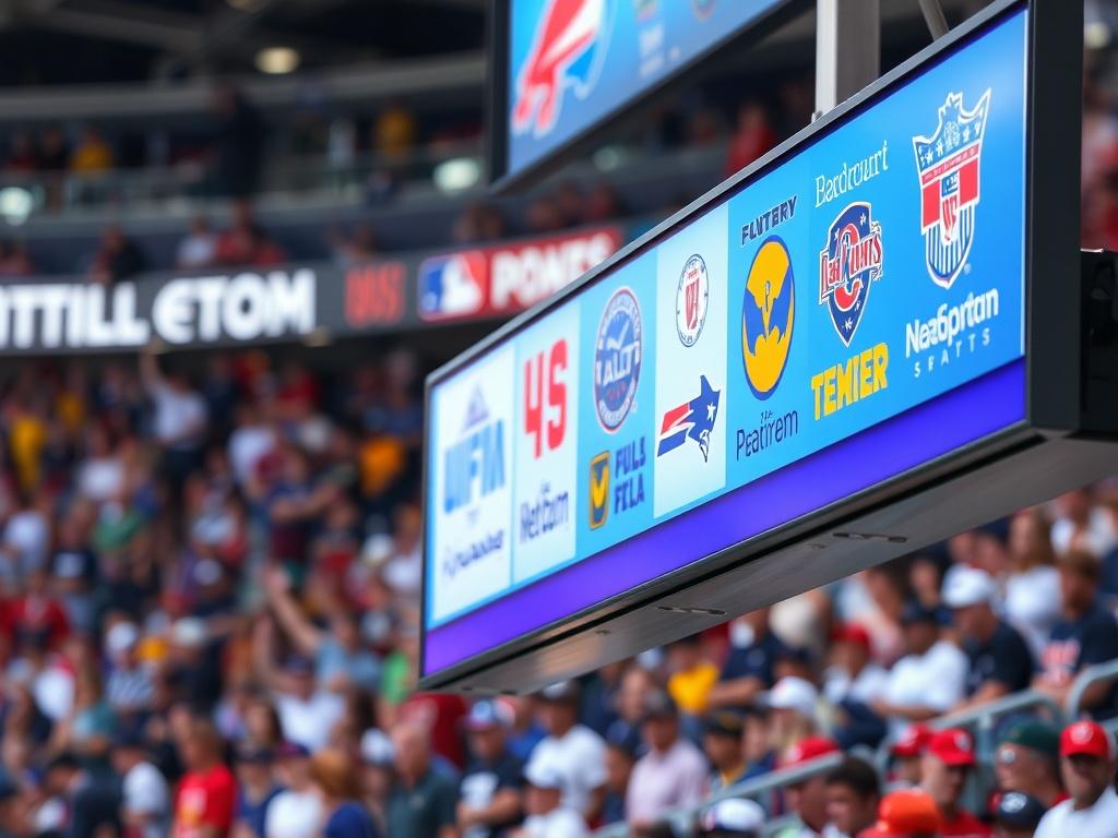 A close-up shot of a vibrant, high-resolution sports sponsorship signage displayed prominently at a sporting event. The signage features bold, eye-catching logos of various US sports teams and sponsors. The background showcases a blurred crowd of enthusiastic fans, capturing the energy of the event. The lighting highlights the colors of the signage, creating a dynamic and engaging visual that conveys the excitement of sports sponsorship.