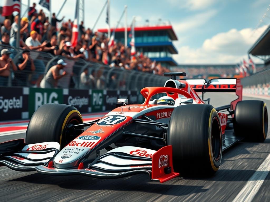 **AI Image Generation Prompt:**

Create a realistic high-resolution photo that captures the essence of the explosive growth of Formula 1 sponsorship in the United States. The composition should feature a single, dynamic Formula 1 racing car prominently in the center of the image, showcasing sleek aerodynamic lines and vibrant colors, with high attention to detail on the car's sponsor logos reflecting American brands.

The background should be a blurred racetrack scene, suggesting motion and excitement, with