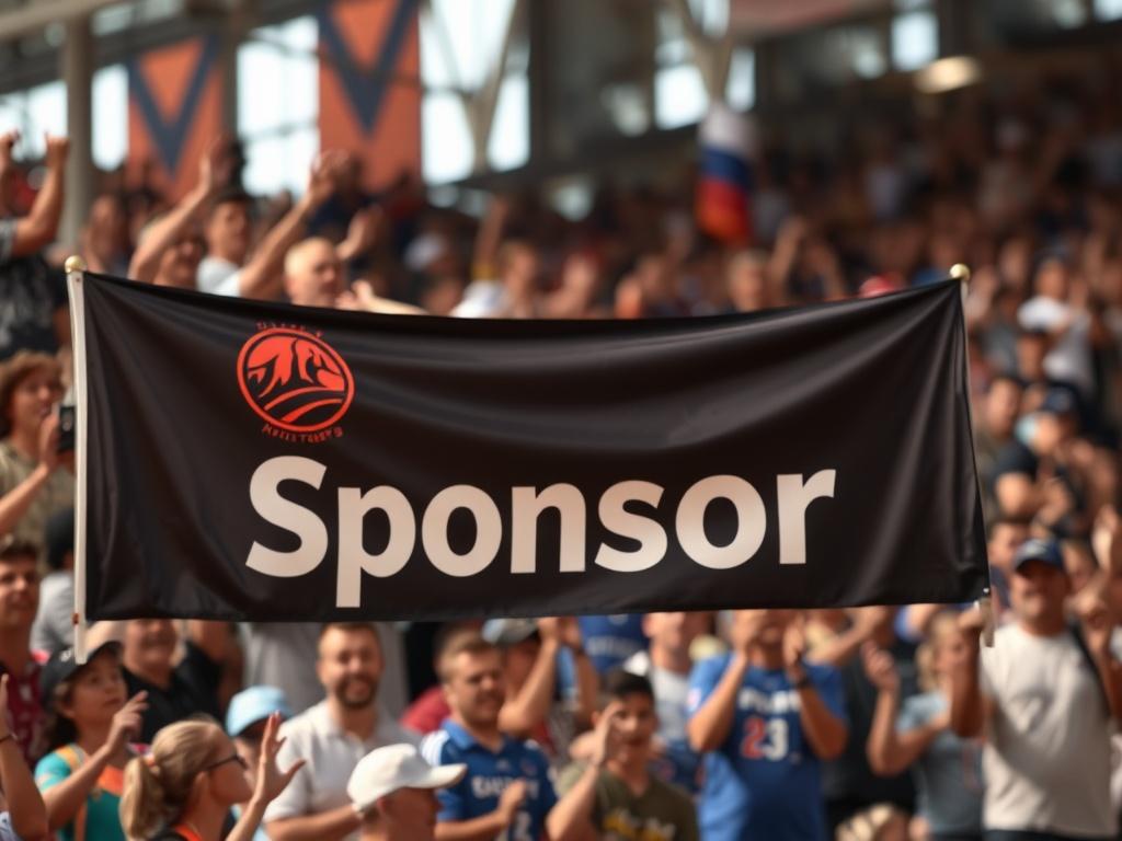 A close-up shot of a sports event featuring a vibrant crowd cheering enthusiastically. The focus is on a prominent banner displaying a sponsor's logo, elegantly positioned at the forefront of the image. The background shows a blur of excited fans and athletes in action, captured in a hyper-realistic style. The lighting highlights the energy of the event while maintaining a warm color palette that aligns with the rgb(193, 153, 87) primary color.