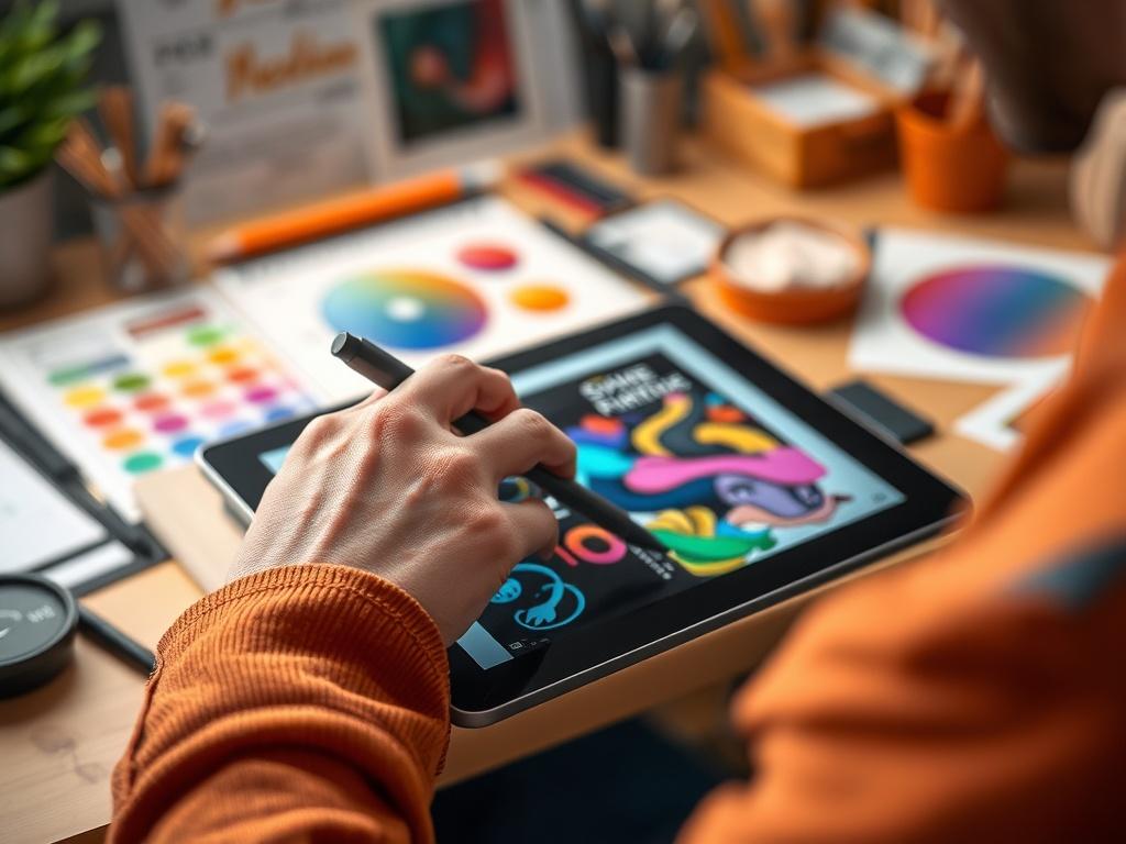 A close-up shot of an artist's hand skillfully working on a digital tablet, creating vibrant graphic designs. The background is softly blurred, showcasing an organized workspace with design tools and color palettes. The image should have a hyper-realistic style, with rich details highlighting the textures of the tablet and the artist's focused expression. The color scheme should align with rgb(193, 153, 87) to create a warm and inviting atmosphere.