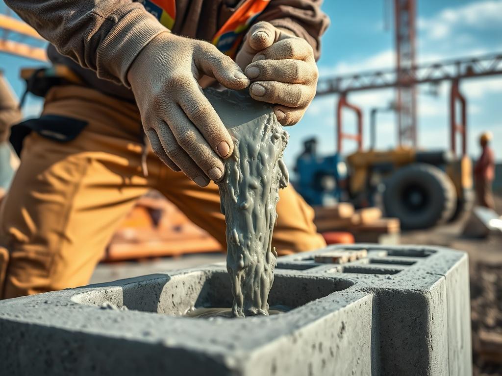 A skilled concrete worker pouring fresh concrete into a mold at a construction site. The focus is on the worker's hands guiding the flow of concrete, capturing the texture and detail of the material. The background shows construction tools and machinery, with a clear, bright sky above, symbolizing professionalism and quality craftsmanship.