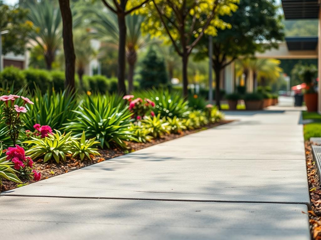 A high-resolution close-up shot of a well-constructed concrete sidewalk, highlighting its smooth surface and clean edges. The walkway is flanked by ornamental plants and trees, creating a vibrant outdoor scene. The image conveys a sense of safety and accessibility.