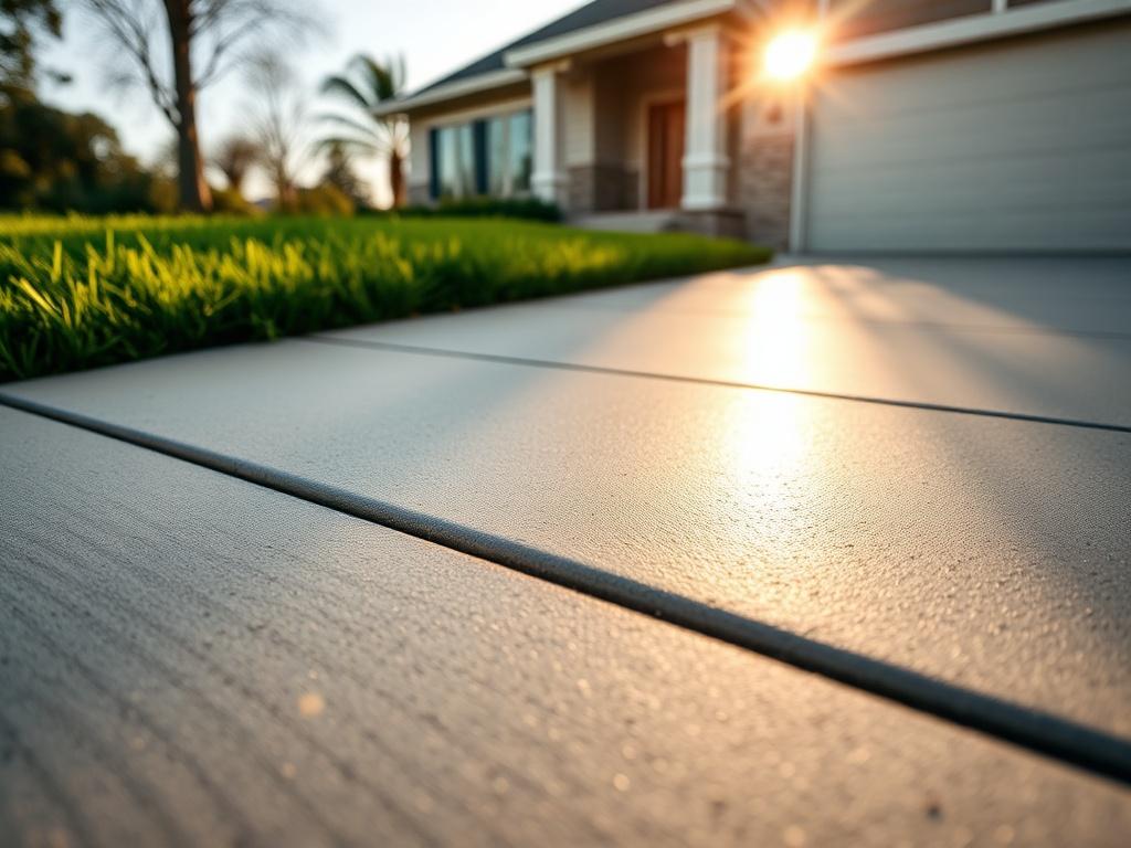 A high-resolution close-up shot of a newly installed concrete driveway, showcasing the smooth finish and clean edges. The sun casts a soft light, highlighting the texture and color of the concrete. The background includes lush green grass and a modern home, creating an inviting atmosphere.