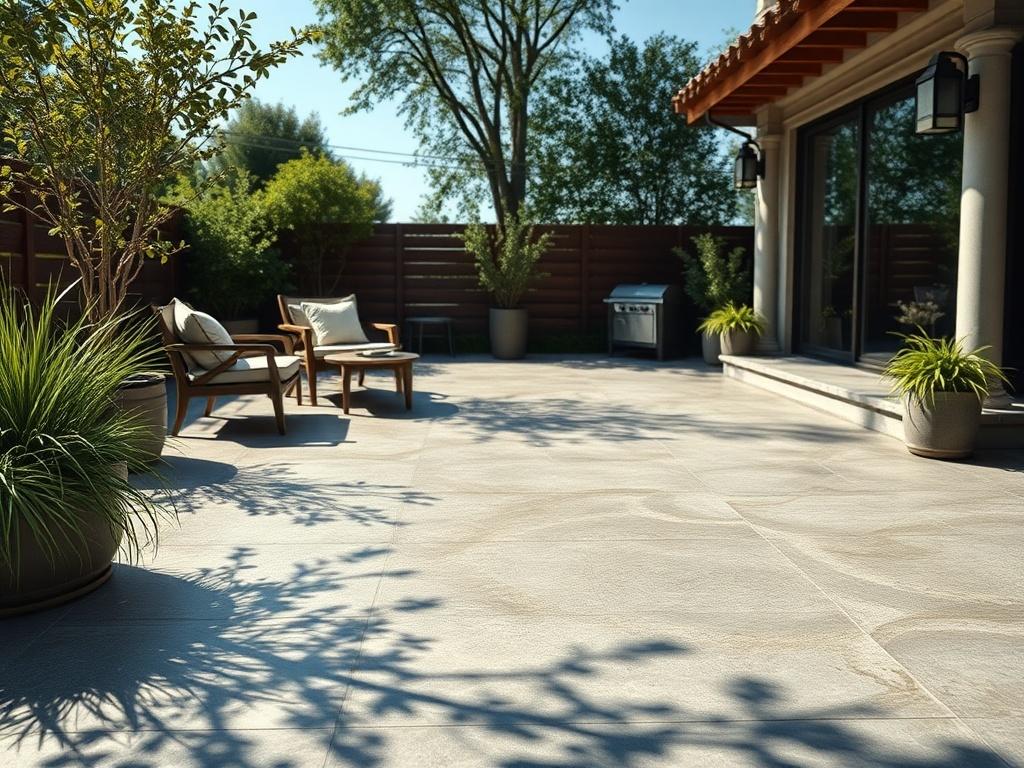A realistic high-resolution image of a beautifully designed concrete patio, featuring elegant patterns and finishes. The patio is surrounded by greenery and outdoor furniture, suggesting a welcoming and relaxed atmosphere. The sunlight casts gentle shadows, enhancing the details of the concrete work.