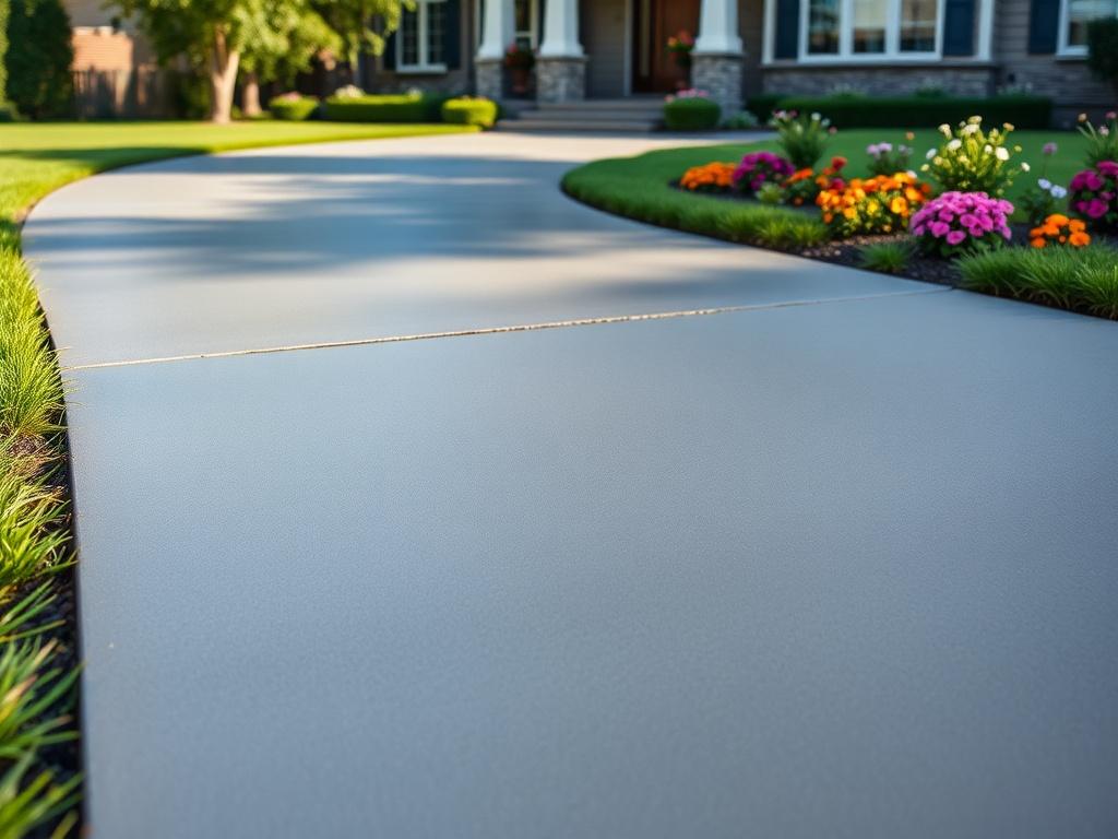 A freshly installed concrete driveway showcasing smooth, clean lines and a modern design. The driveway is surrounded by lush green grass and vibrant flower beds, emphasizing the aesthetic appeal of the concrete work. The sunlight casts soft shadows, highlighting the texture of the concrete. The scene is framed by a residential home in the background, giving a sense of warmth and welcoming ambiance.