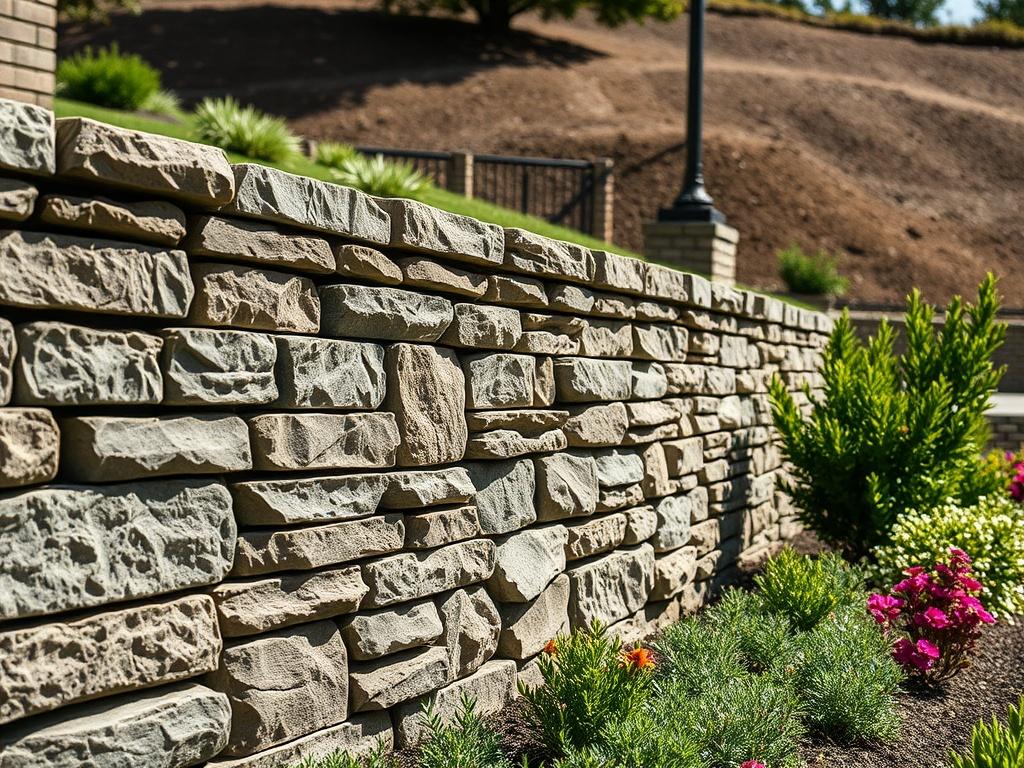 A robust masonry retaining wall constructed with precision. The wall features a mix of textured stones, demonstrating durability and aesthetic appeal. In the foreground, a well-maintained garden adds color and life, while the backdrop includes a gently sloping hillside. The lighting is natural, emphasizing the craftsmanship of the wall and its integration into the landscape, showcasing how functional structures can enhance outdoor spaces.