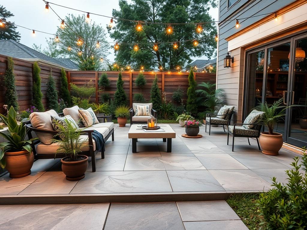 An inviting concrete patio designed for outdoor relaxation and entertainment. The patio features decorative patterns and smooth finishes, surrounded by stylish outdoor furniture and potted plants. Soft lighting adds a cozy atmosphere, making it perfect for evening gatherings. The scene is set against a backdrop of a well-kept garden, showcasing the versatility of concrete as an attractive choice for outdoor living spaces.
