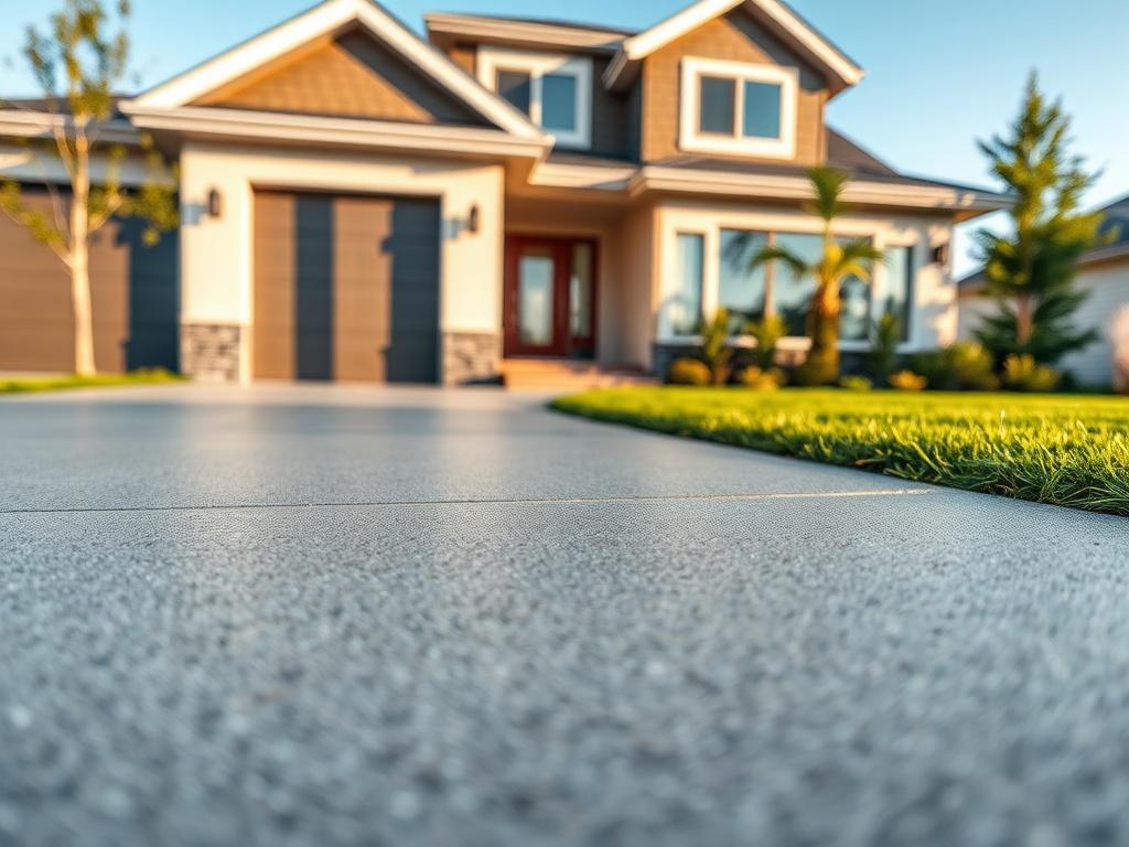A close-up shot of a newly installed concrete driveway, showcasing a smooth, stylish finish with a modern home in the background. The image should be bright and inviting, highlighting the durability and aesthetics of concrete.