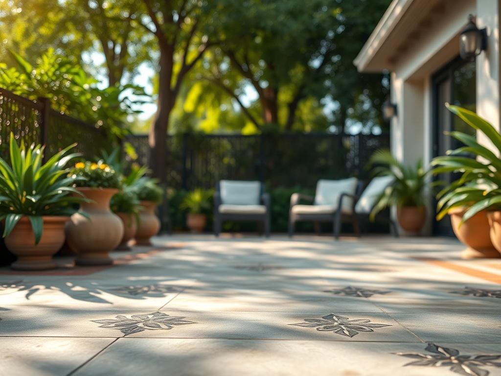 A close-up shot of a beautifully designed concrete patio, featuring decorative patterns and textures, surrounded by lush greenery. The image should depict an inviting outdoor space with sunlight filtering through trees.