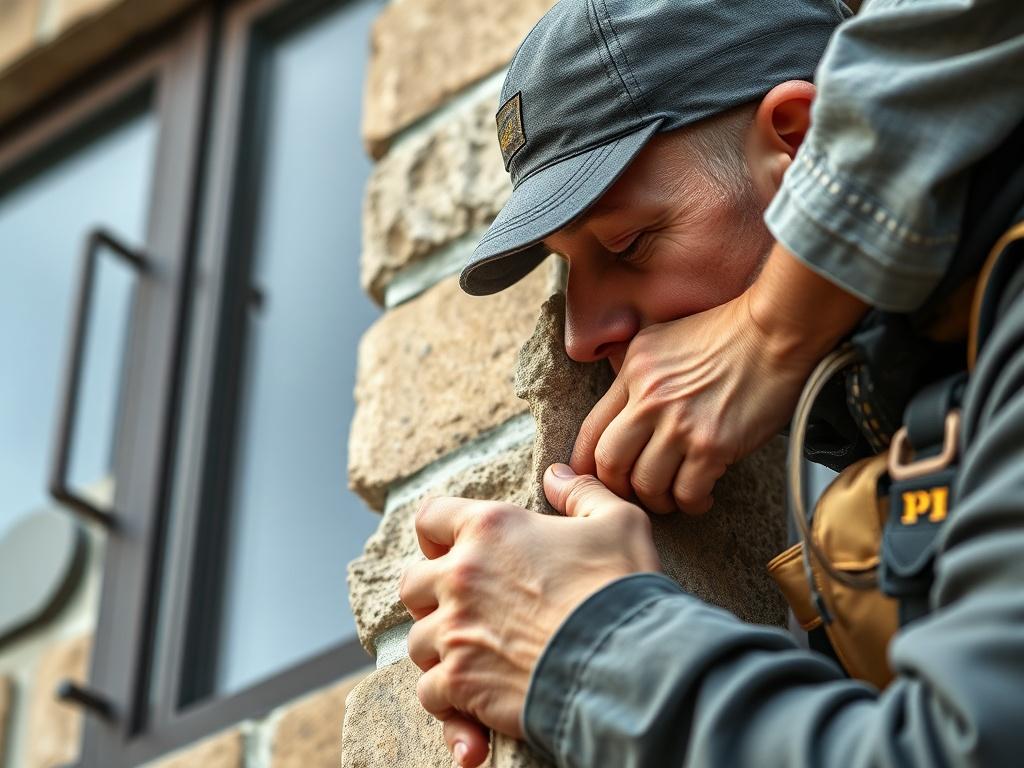 A close-up shot of a skilled mason repairing stonework on a building, showcasing the attention to detail and quality craftsmanship involved. The image should convey professionalism and expertise in masonry.