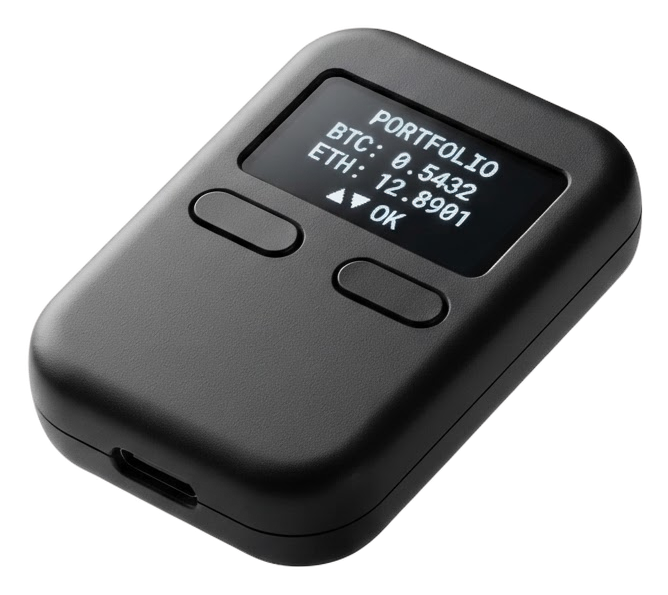 Compact black hardware wallet with a small screen