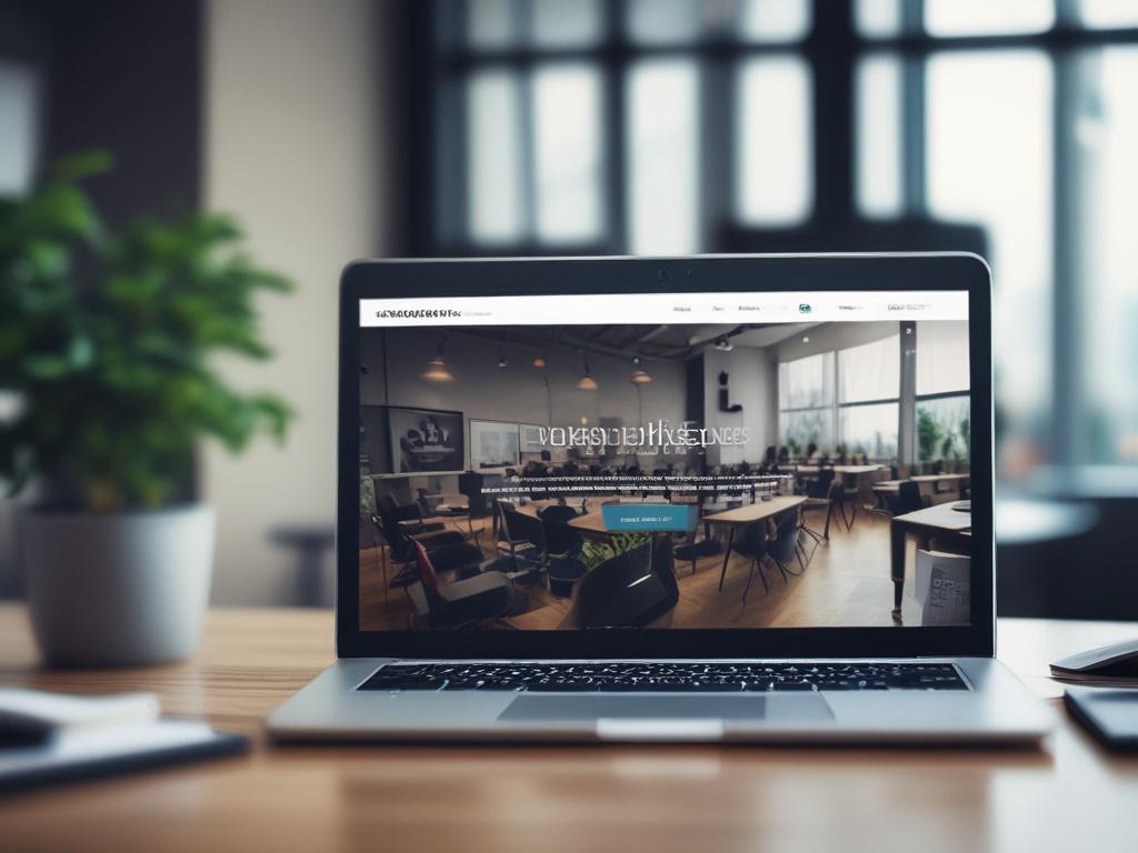 A close-up shot of a modern WordPress website displayed on a laptop, showcasing a visually stunning design. The background is a simple, blurred office environment, with a focus on the laptop screen. The color scheme incorporates rgb(50, 170, 39) as a highlight.