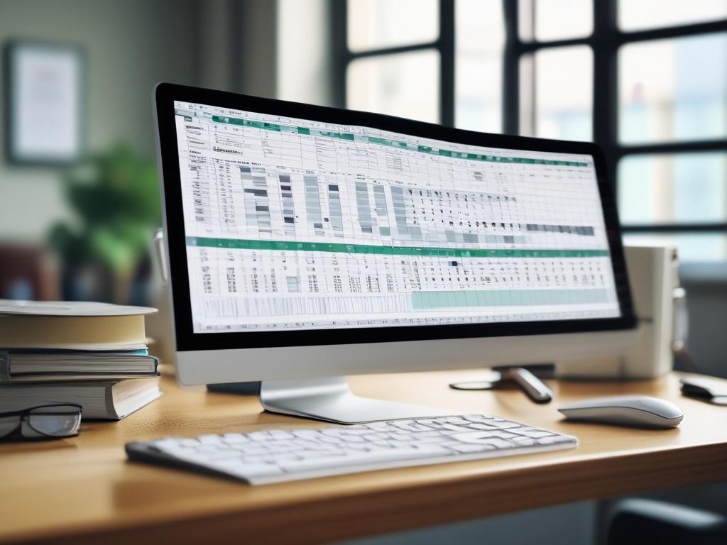 A close-up shot of a Microsoft Excel spreadsheet on a desktop screen, displaying organized data and charts. The background is a simple office space, softly blurred, emphasizing the screen. The color scheme features rgb(50, 170, 39) as a highlight.