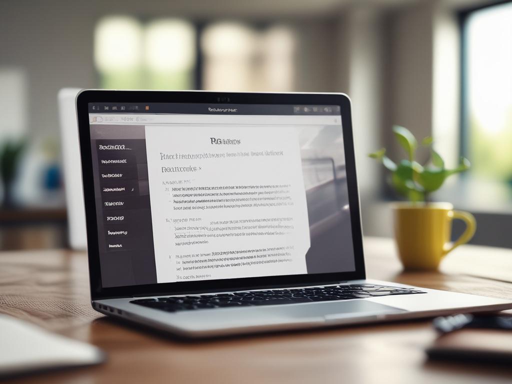 A close-up shot of a laptop displaying a well-written blog post on a website, emphasizing engaging content. The background is a softly blurred workspace, keeping the focus on the laptop screen. The overall color scheme includes elements of rgb(50, 170, 39).