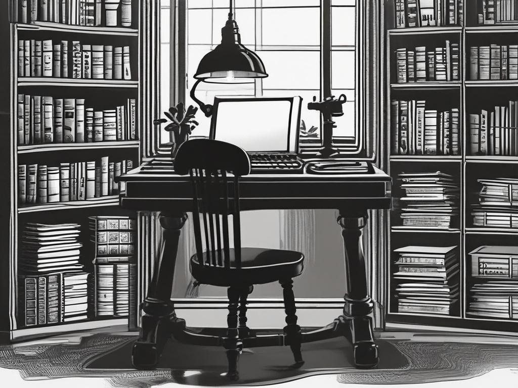 A realistic high resolution depicting a dimly lit writer's desk