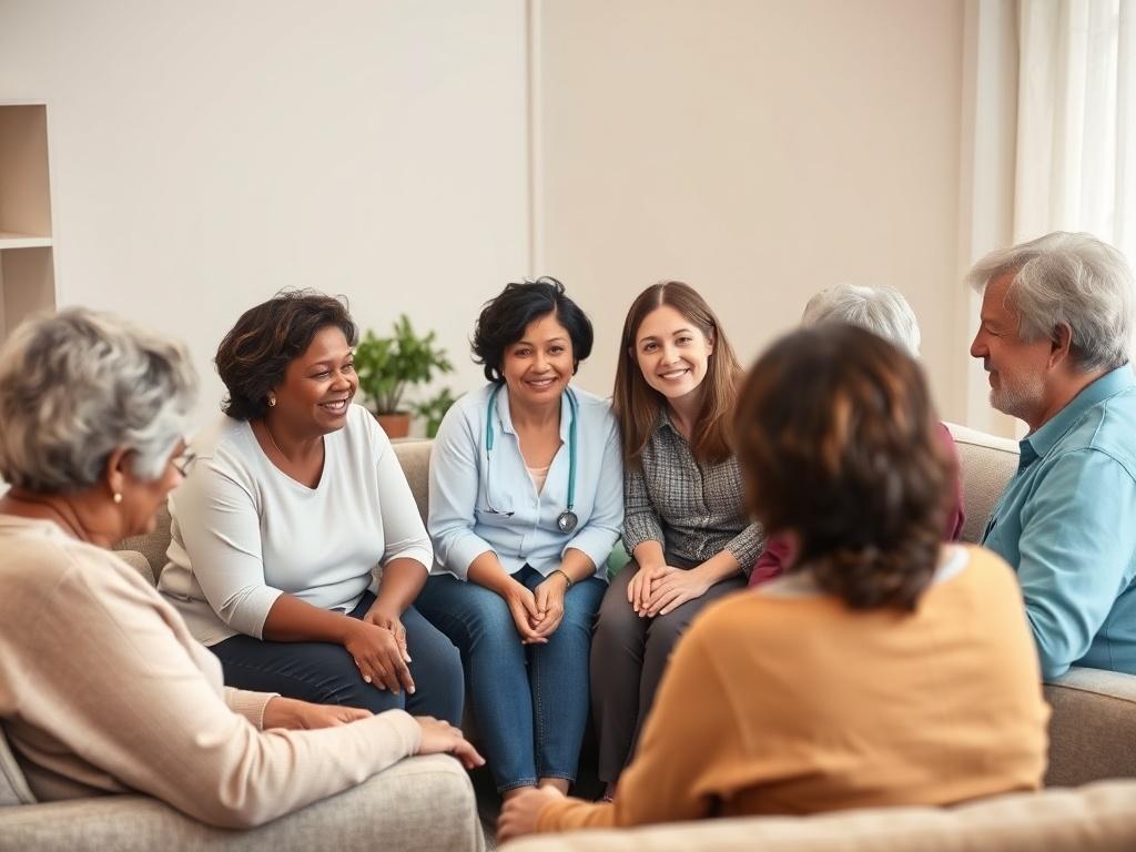 A heartwarming high-resolution image of a diverse group of caregivers gathered in a circle, engaged in a supportive discussion. The setting is comfortable and inviting, with soft lighting and warm colors. The expressions on their faces convey empathy and understanding, illustrating the power of community in navigating the challenges of memory care.