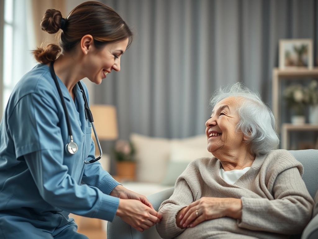 A serene high-resolution image of a caregiver engaging with an elderly person in an inviting, well-lit room filled with soft furnishings. The caregiver shows warmth and attentiveness while the elderly person smiles, reflecting a moment of connection. The background features gentle lighting and calming decor, enhancing the peaceful atmosphere.