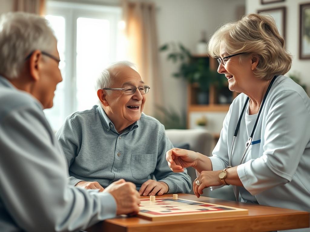 A high-resolution image capturing a cozy common area with sunlight streaming in, where an elderly resident enjoys a board game with a caregiver. The scene portrays laughter and engagement, emphasizing a warm and inviting atmosphere. Soft colors and gentle lighting create a peaceful backdrop for this meaningful interaction.
