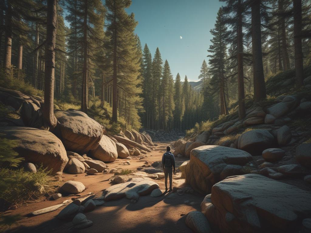 A serene landscape showcasing a lush forest with towering trees