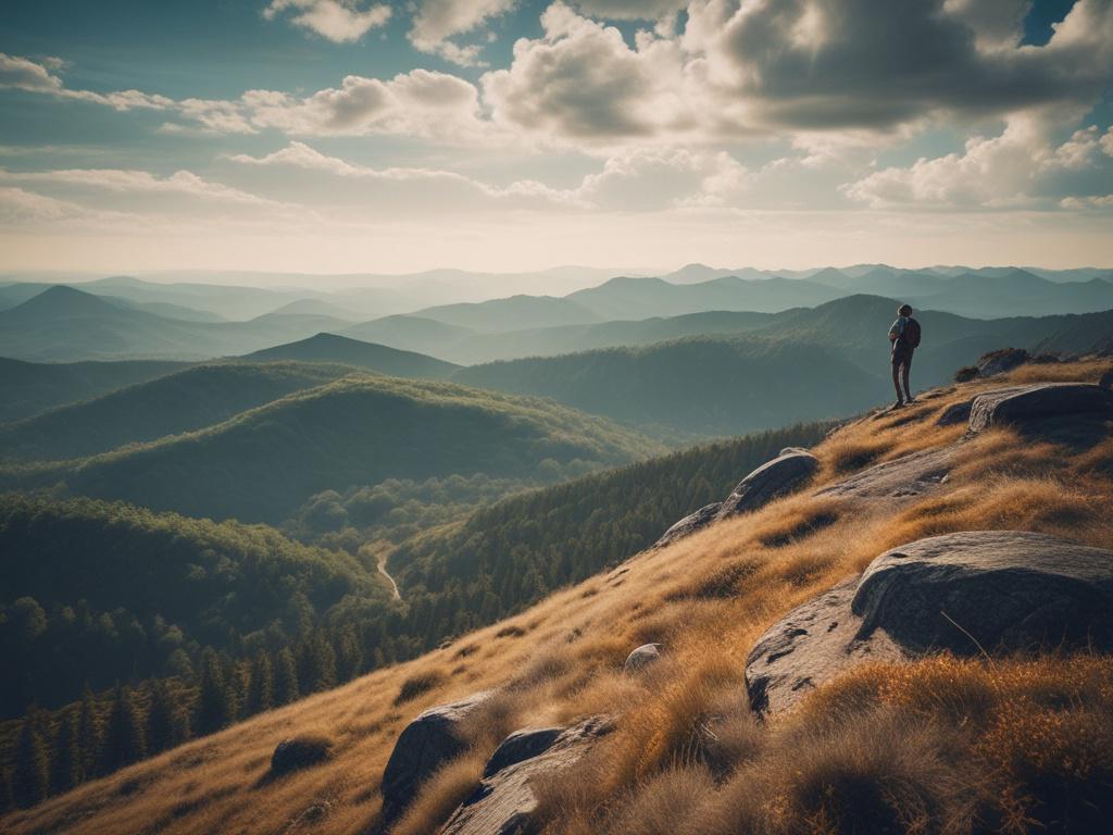 A close up of a hiker standing on a rugged